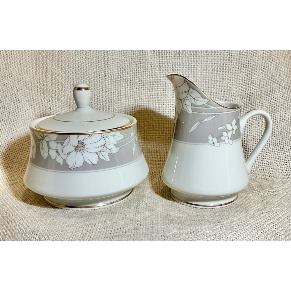 MIKASA Grande Ivory GRAY FINESSE L5508 floral gold tone trim cream & sugar set